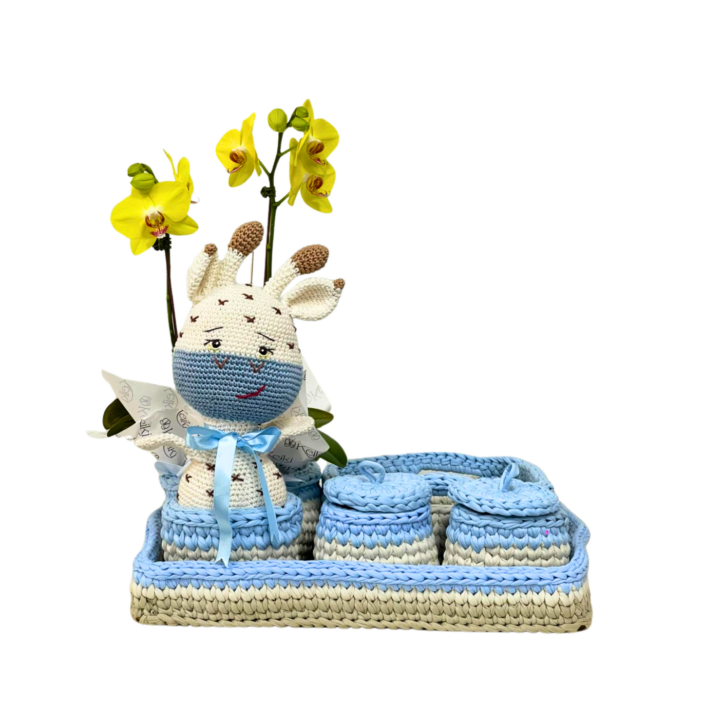 Arreglo de Orquídea - Macramé Amigurumi elefante - Bebé Celeste 1 vara Premium